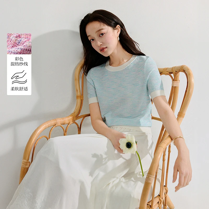 【欧若风新品】茵曼夏季小香风薄针织衫撞色圆领短袖气质套头上衣女