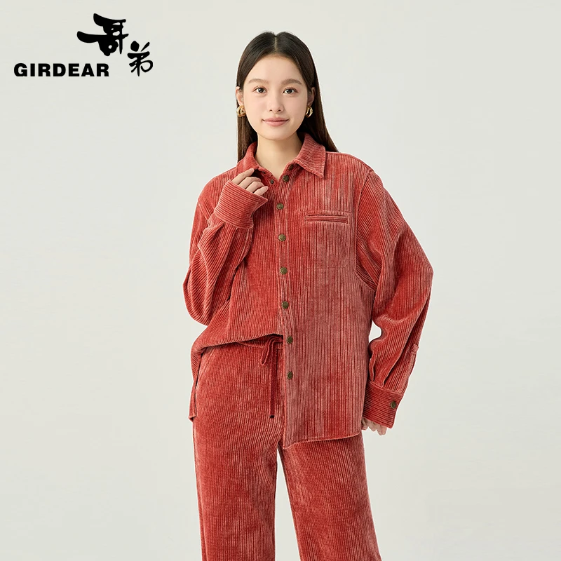 哥弟新款时尚休闲百搭雪尼尔经典复古翻领宽松长袖衬衫女1301022