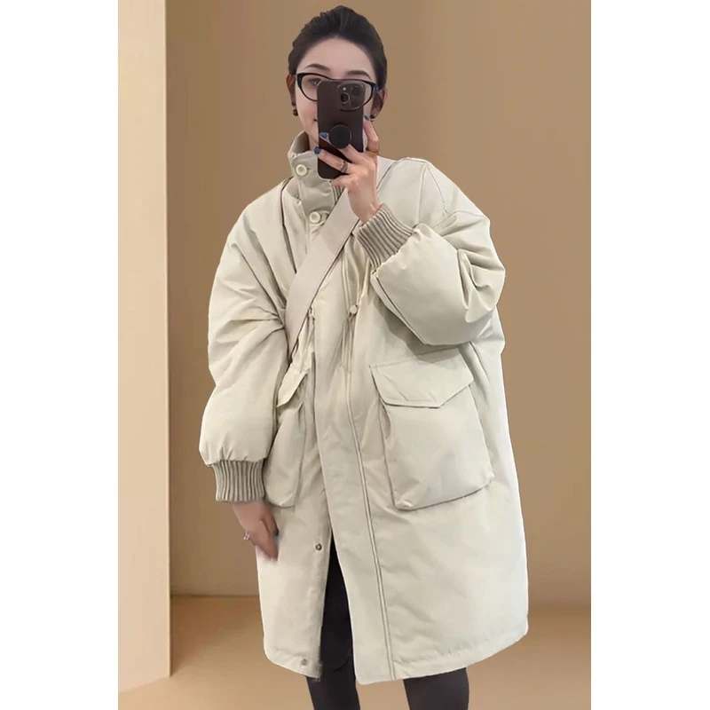 潮牌高端妈妈宽松加棉棉服外套女冬季中长款收腰立领棉衣韩版棉女