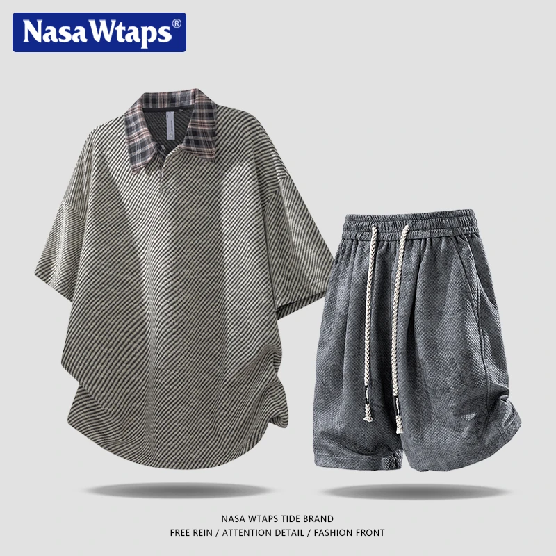 NASA WTAPS老钱风运动服套装男士2025新款夏季短袖扎染短裤两件套