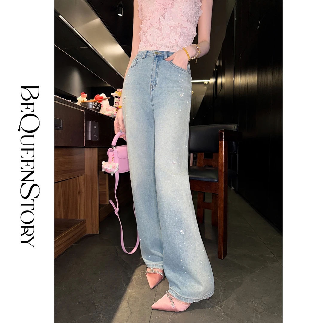韩韩IU【绮梦星光】重工高温烫钻时尚大气修身百搭阔腿裤直筒牛仔裤