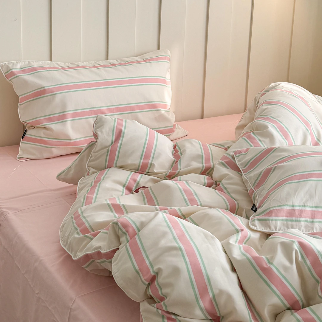 适禾家简约ins风嵌绳包边100%全棉条纹印花床单床上用品四件套