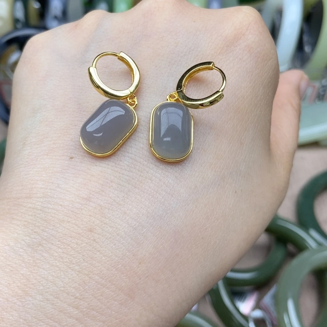 和田玉耳饰银S925镶嵌