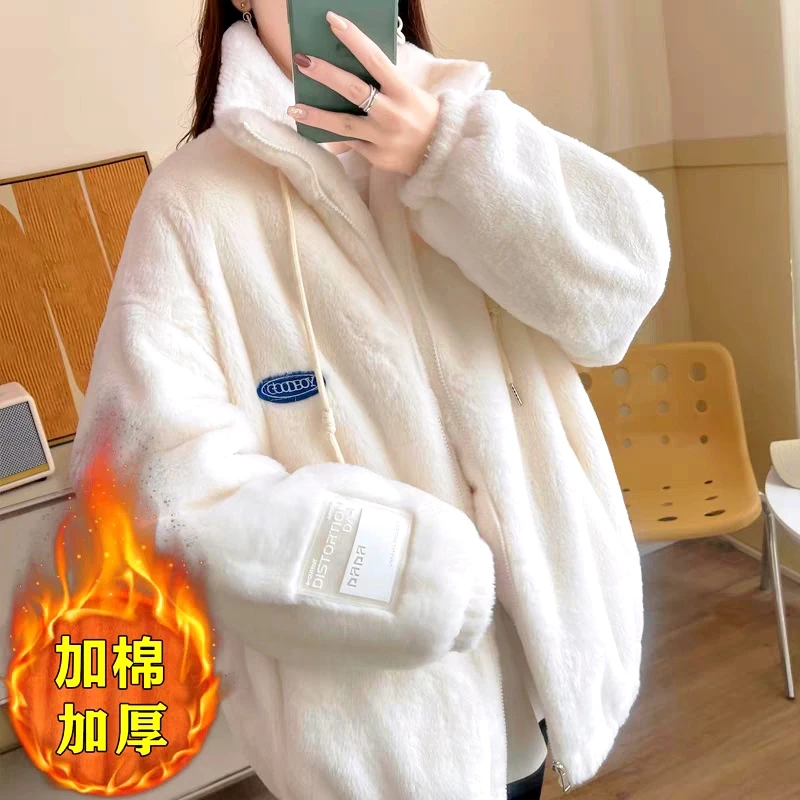 韩版新款加厚仿獭兔毛毛外套毛绒绒外套保暖女大码棉服臃肿