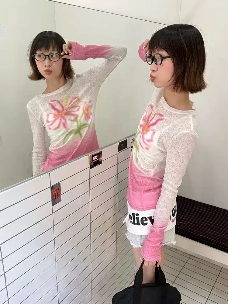 夏季美式渐变花朵防晒长袖T恤辣妹宽松休闲慵懒微透薄款罩衫