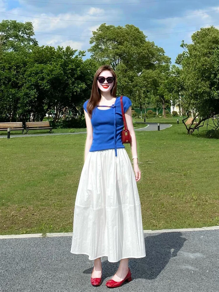 夏日绝美套装穿搭一整套系带针织衫短袖上衣刺绣白色半身裙两件套