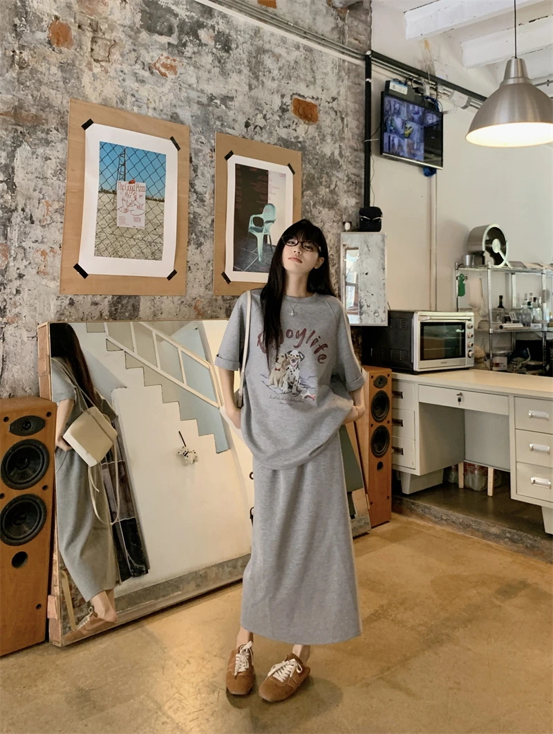小狗印花休闲宽松显瘦短袖T恤百搭上衣高腰半身裙2025夏新款套装