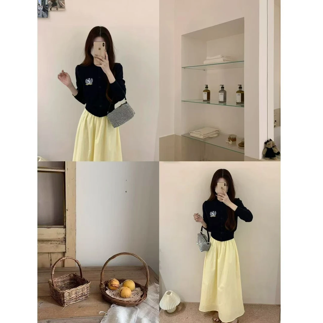 【元气春日】韩系针织开衫+松紧腰半身裙两件套35788 上衣无口袋