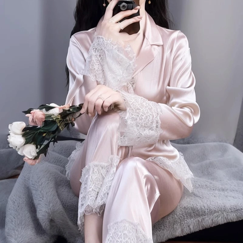 tpvl2025新款法式甜美睡衣女春秋长袖套装蕾丝花边冰丝蕾丝睡衣