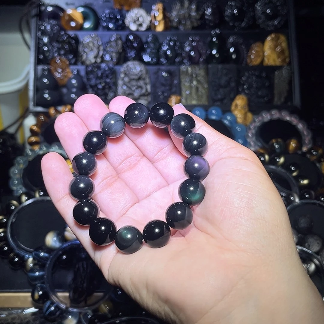 黑曜岩未镶嵌手链腚****叫天然彩虹眼黑曜石14mm