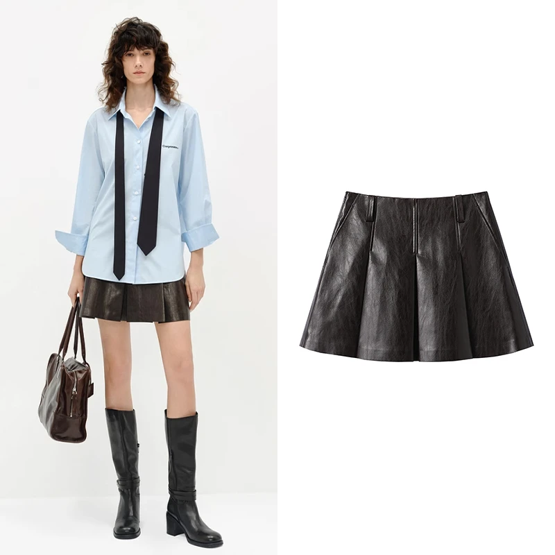 【M】短裙2025春新品复古油蜡素皮高腰A字工字褶半身裙K1434