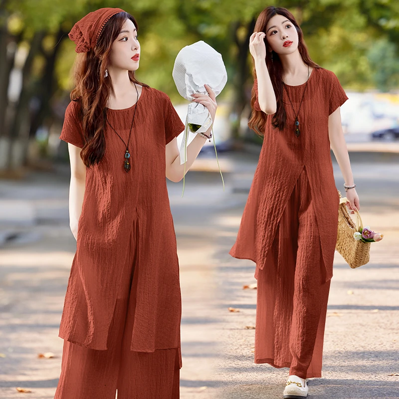 休闲时尚开叉上衣套装女2025年夏季新款气质显瘦长衫阔腿裤三件套