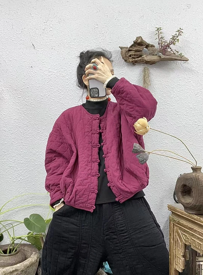 25598夹棉菱形压棉圆领竖排盘扣棉袄上衣（长62胸围174