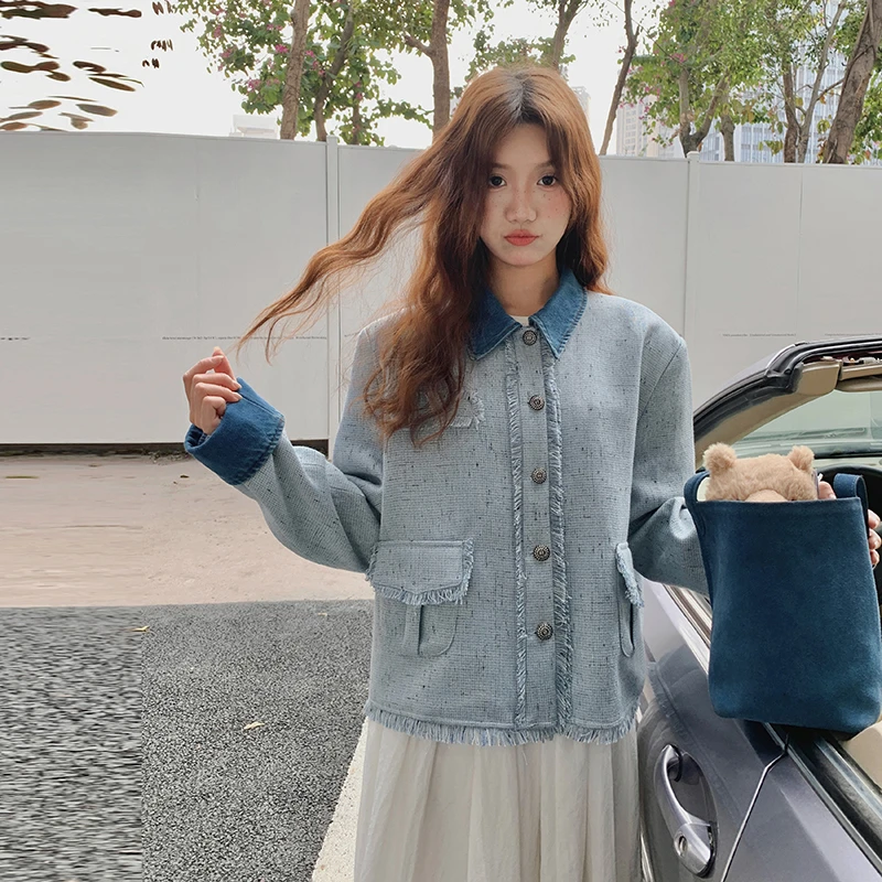 蓝色法式小香风流苏毛边外套女2025春季新款短款小个子粗花呢夹克