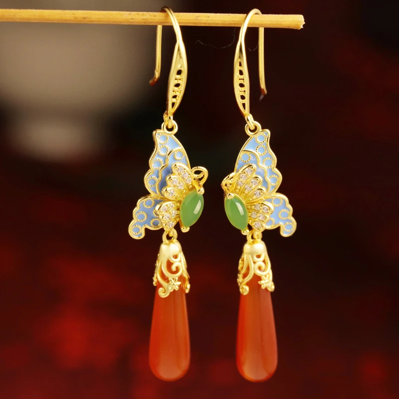 小银匠小银匠S925银玛瑙耳环女蝴蝶可爱气质经典宫廷时尚耳饰礼物