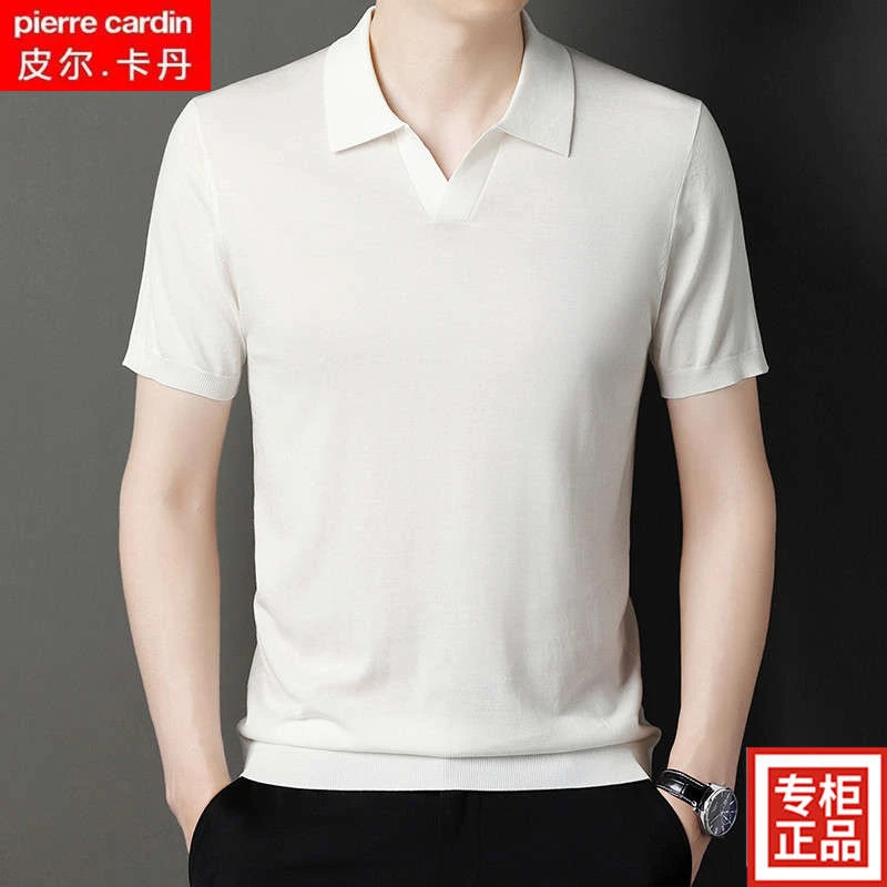 皮尔卡丹桑蚕丝凉感短袖t恤男士V翻领夏季新款纯色针织冰丝Polo衫