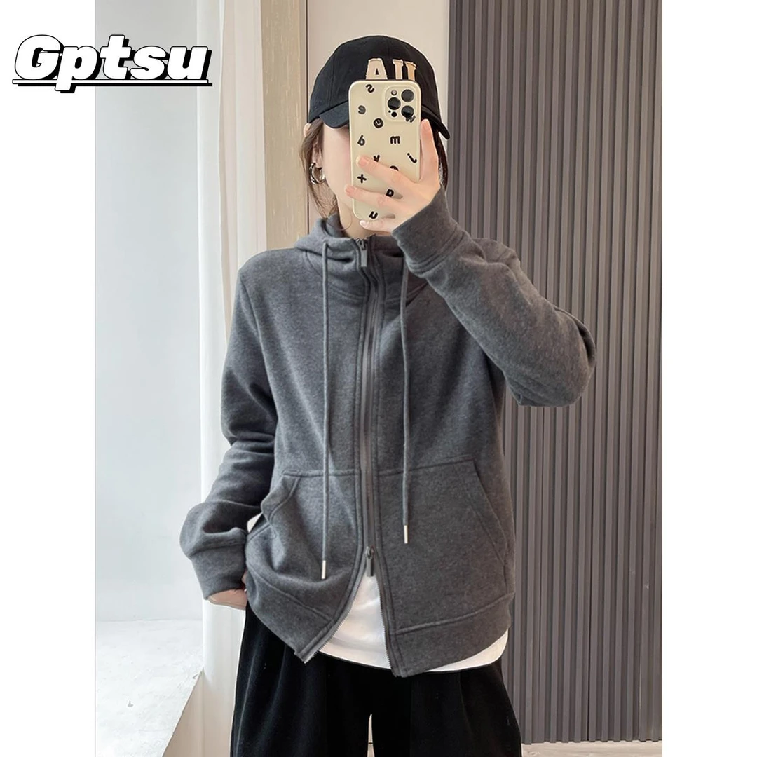 GPTSu简约连帽卫衣女秋冬新款慵懒风小个子时尚百搭休闲上衣外套