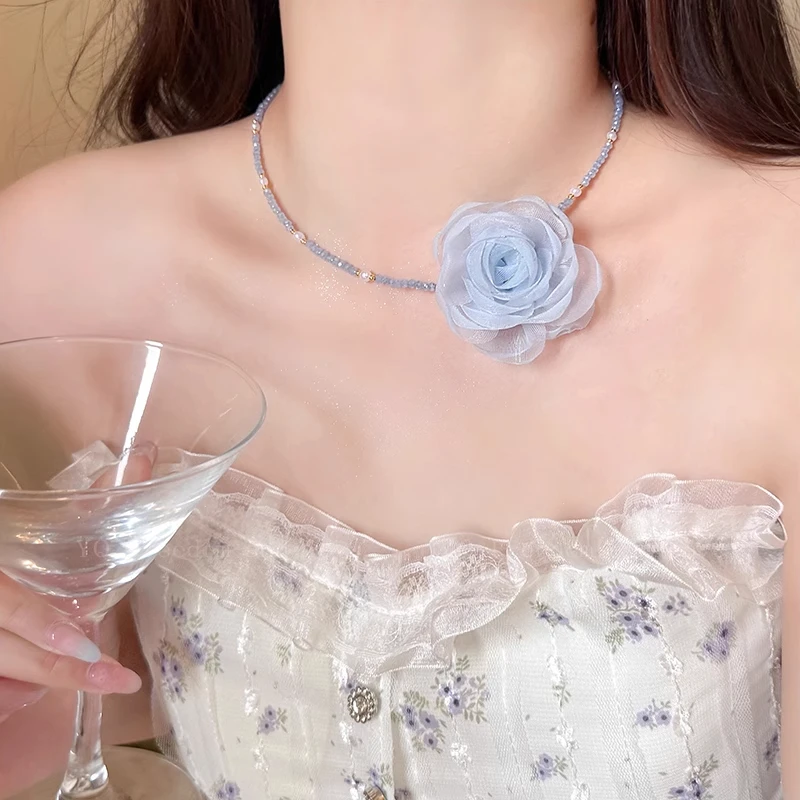 非金属布艺项链 纯欲风玫瑰花串珠项链轻奢高级感脖子配饰choker