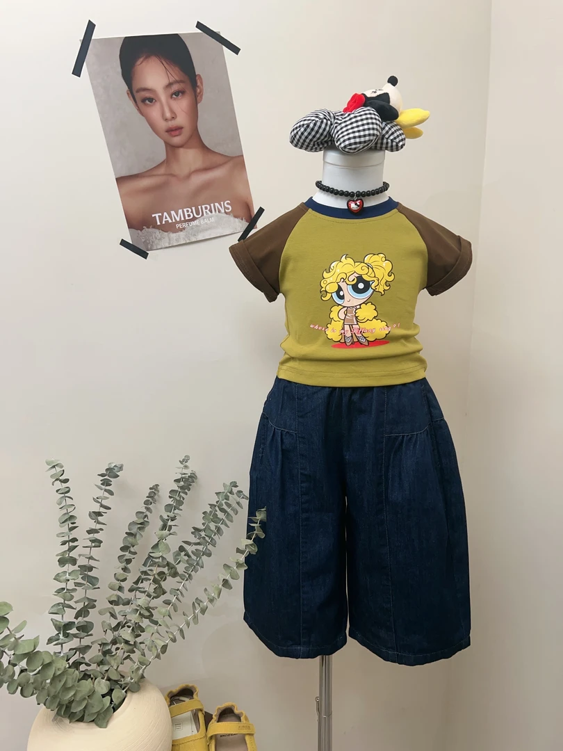 小言-2025夏季新款辣妹女童飞天小女警拼色短袖T恤搭配牛仔裤套装