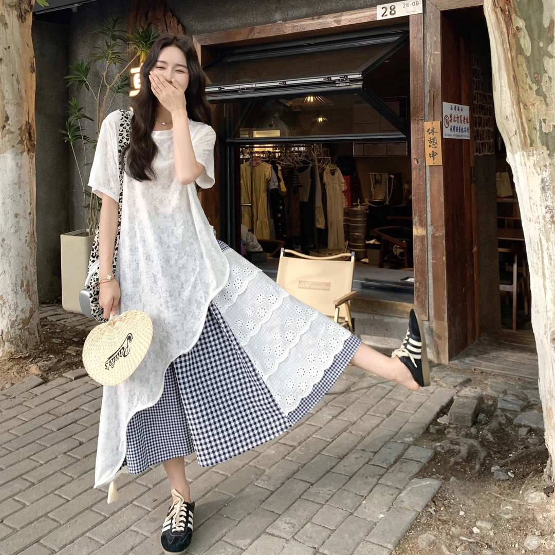 慵懒风不规则蕾丝罩衫套装裙女夏季2025新款森系格子半身裙两件套