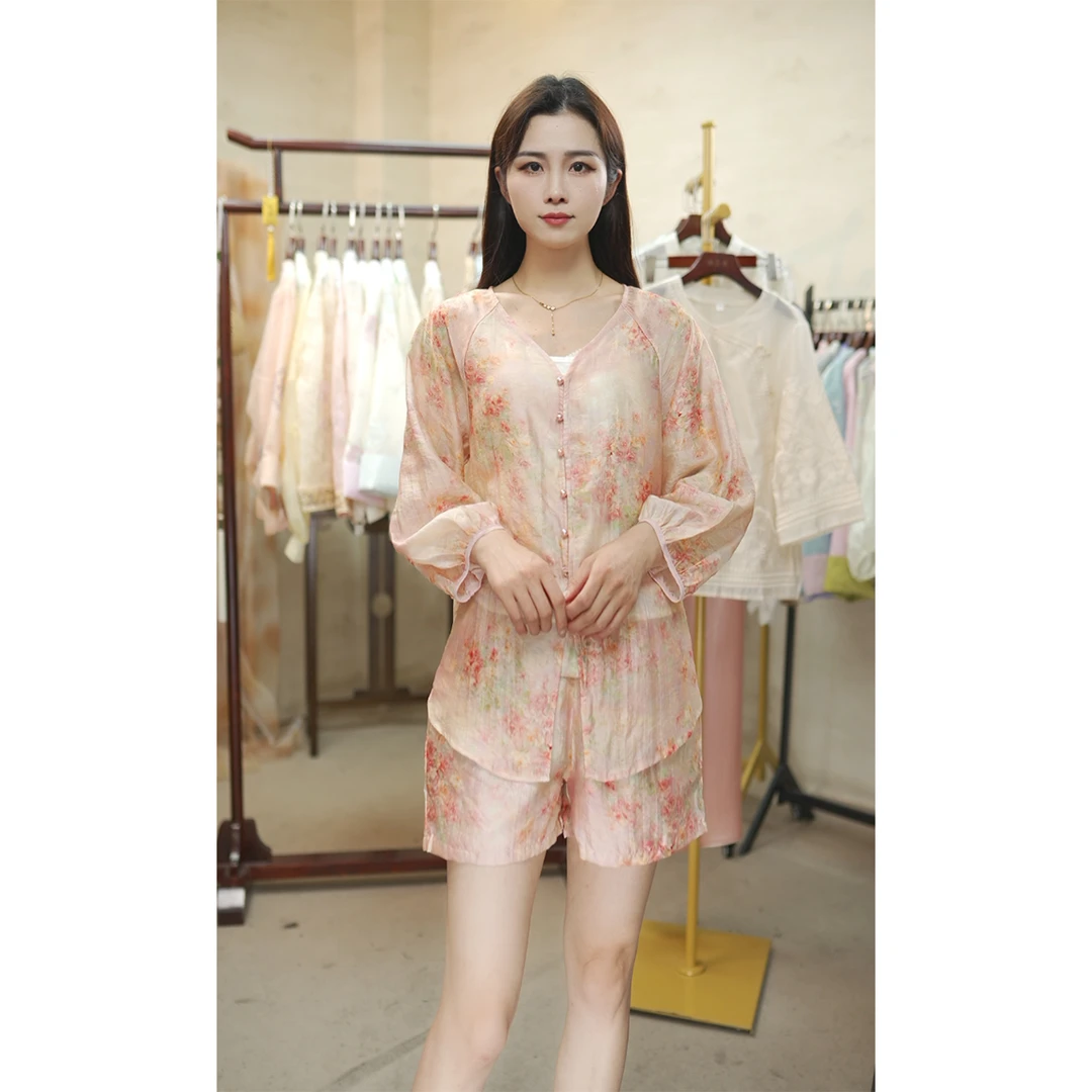 【云茉】新中式国风盘扣提花时尚套装女夏2025新款气质花色两件套