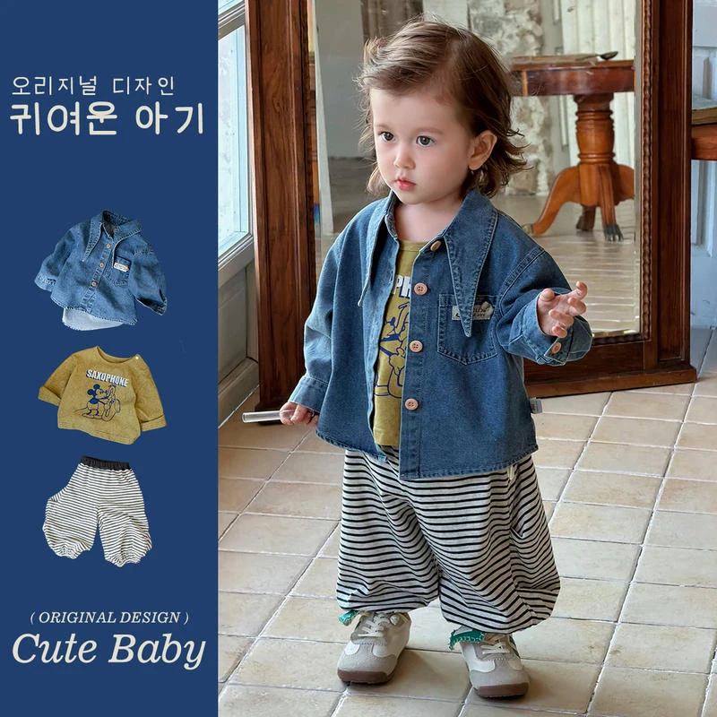 男宝宝春款帅气外套儿童牛仔衣套装男童条纹裤子上衣T恤三件套潮2