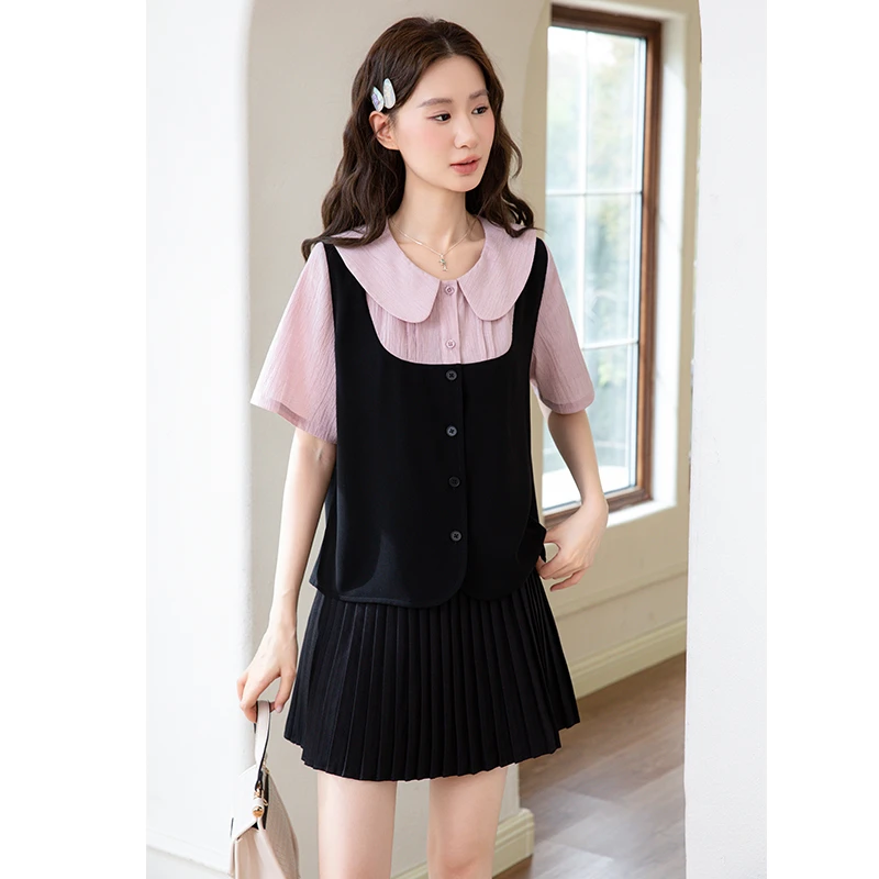 绮娑大码女装显瘦开衫上衣夏季新款学院风娃娃领减龄胖MM直筒衬衫