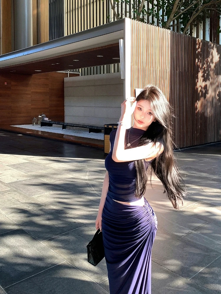 御姐风气质藏青色网纱拼接针织上衣辣妹性感褶皱开叉包臀长裙套装