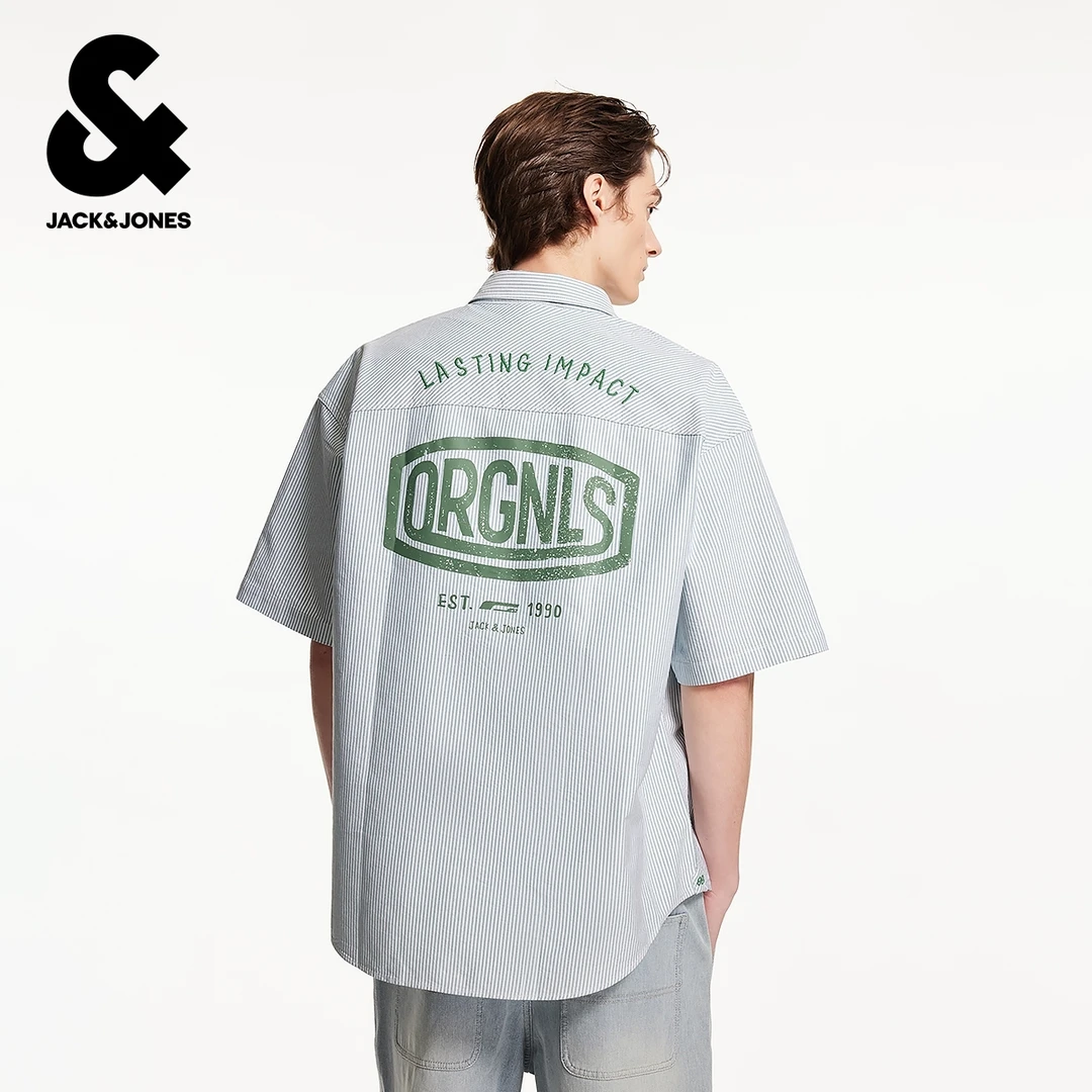 【商场同款】杰克琼斯男装秋季新款衬衫男款短袖刺绣条纹宽松休闲
