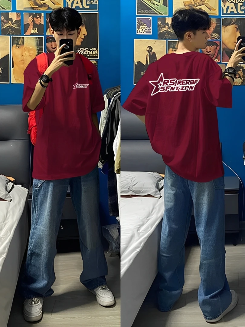 【重磅纯棉】2025新款美式潮流宽松红色复古国潮高街男短袖圆领t恤