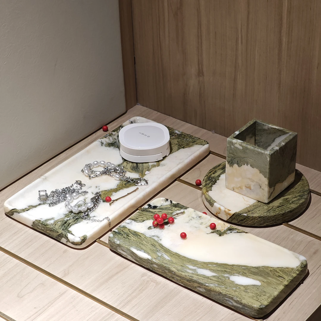 绿野仙踪轻奢托盘家用大理石置物盘首饰收纳绿色大理石香薰盘摆件