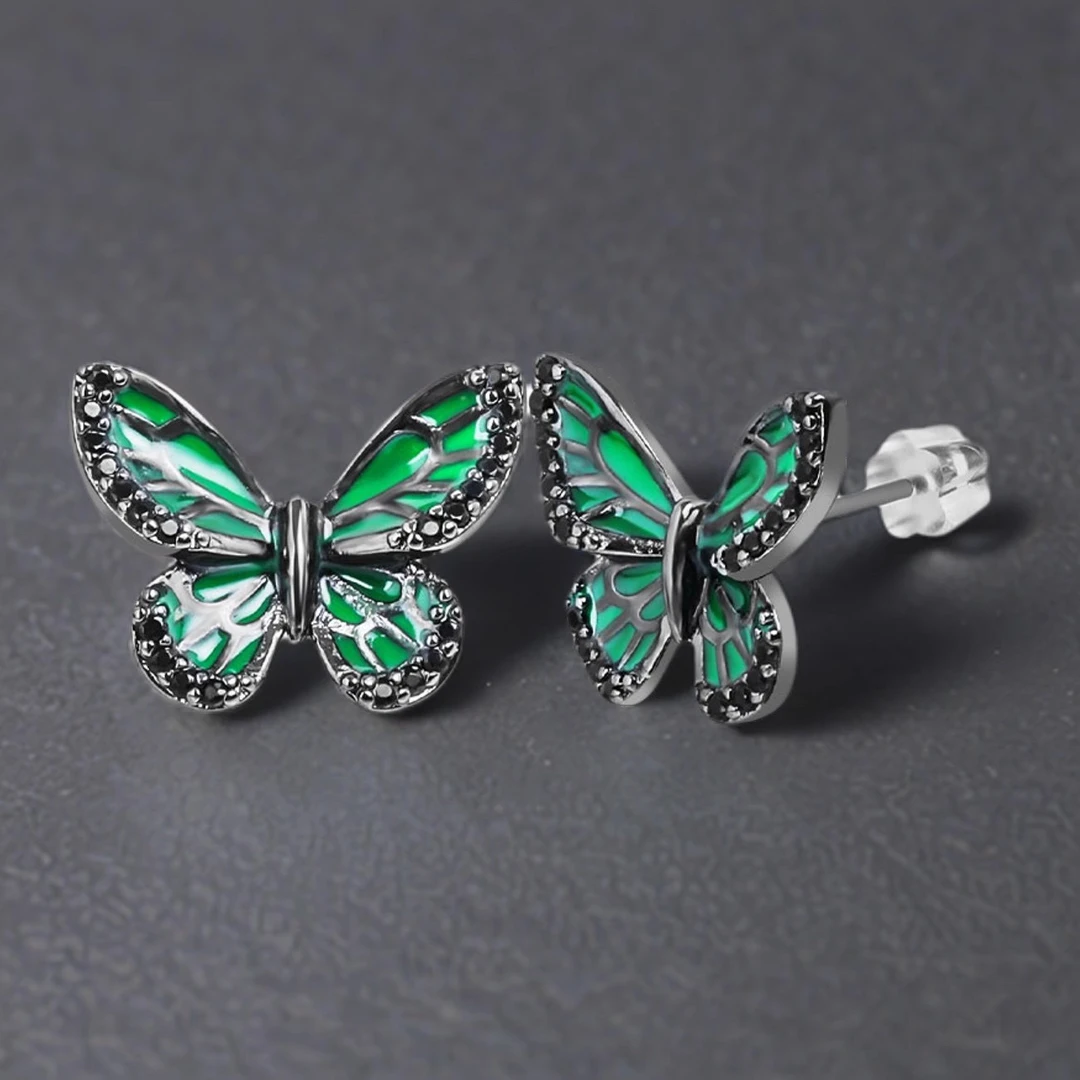 合金锆石耳饰 【夜光蝴蝶】S925银针斯莱特林夜光百搭个性设计耳钉