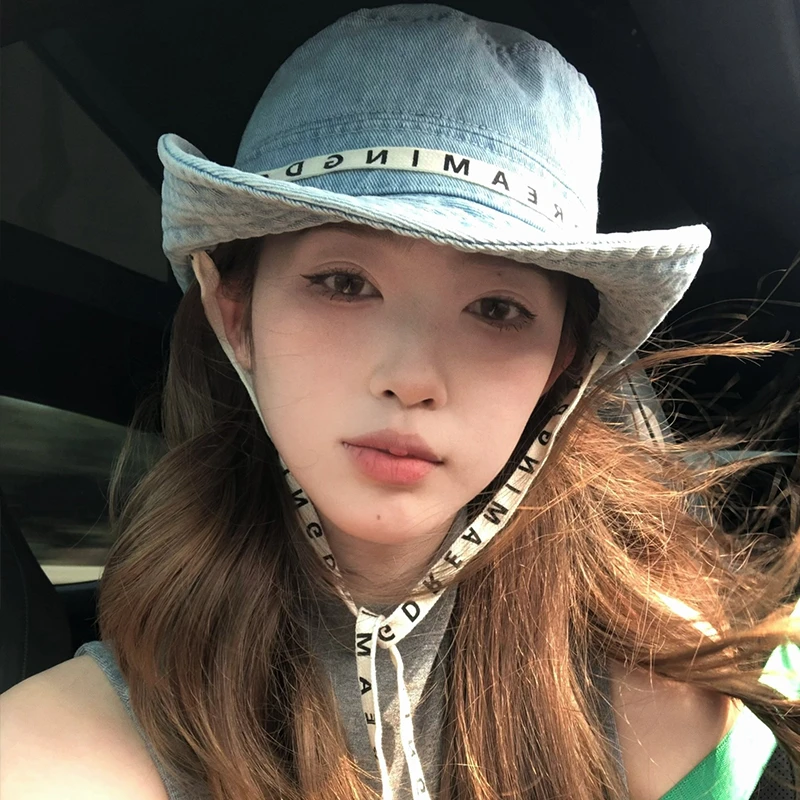 时尚休闲蓝色牛仔绑带渔夫帽女韩国气质设计感遮阳帽夏季盆帽子潮