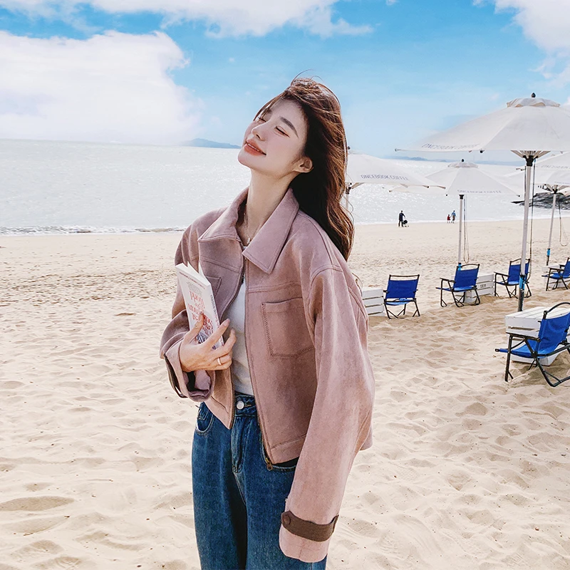 复古粉色麂皮绒外套女2025春季新款漂亮超好看甜酷短款夹克上衣