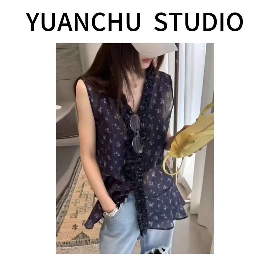 【YC】2025年减龄洋气碎花百搭气质无袖设计女士上衣T