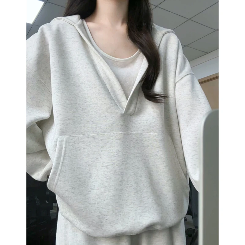 parkyeon慵懒风纯色V领卫衣女秋季新款宽松显瘦百搭运动外套上衣