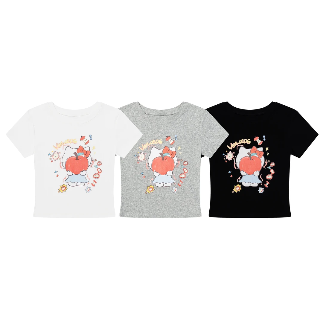 EZEK可爱风苹果KT猫印花宽松短袖女韩系百搭减龄正肩修身T恤潮