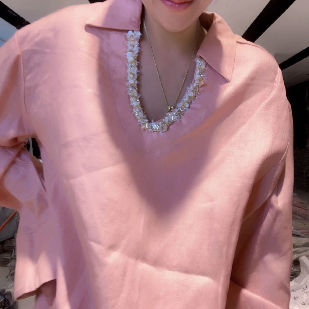 粉色亚麻套装短裤上衣