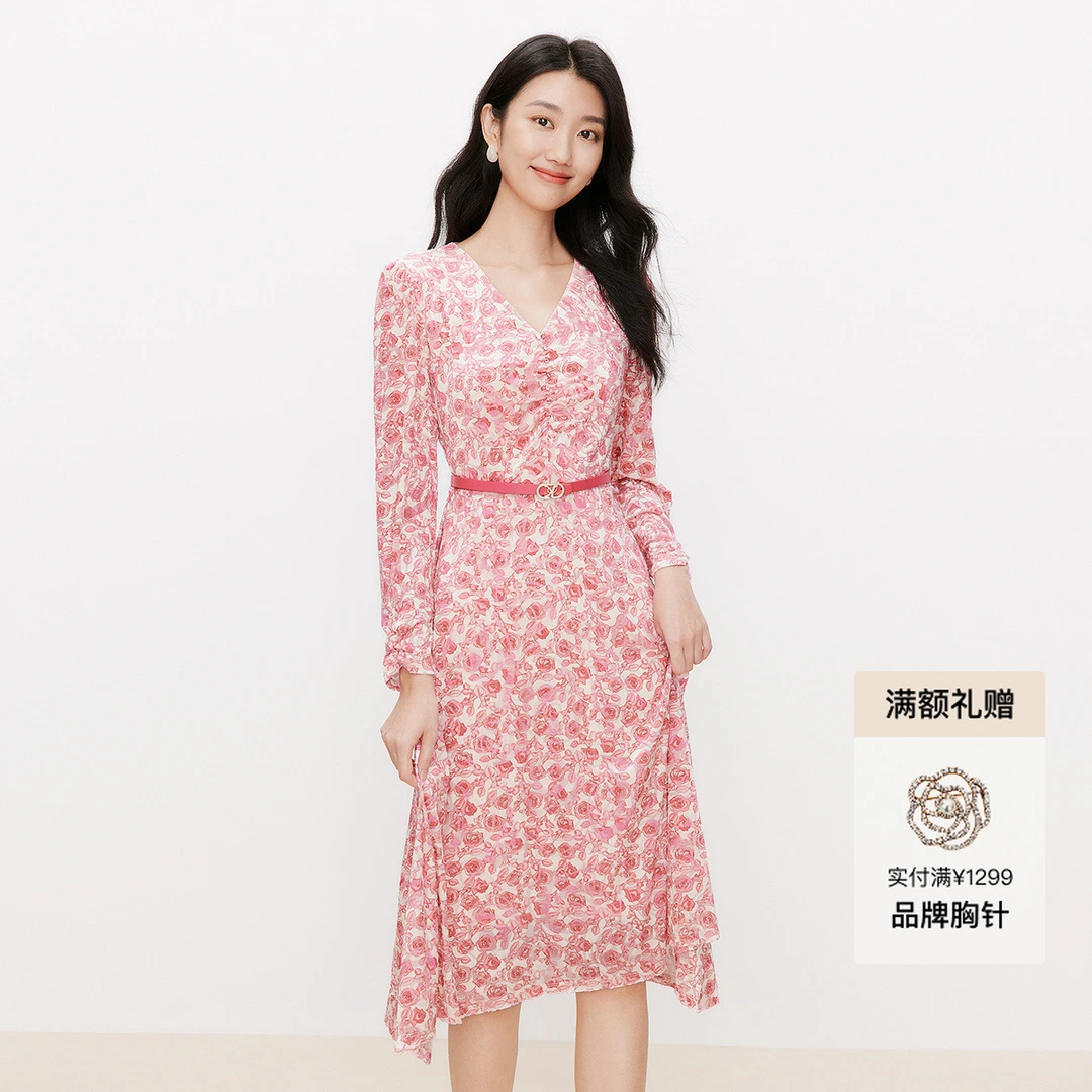 【一秒入秋】珂莱蒂尔年新款秋季女装修身减龄碎花中长款连