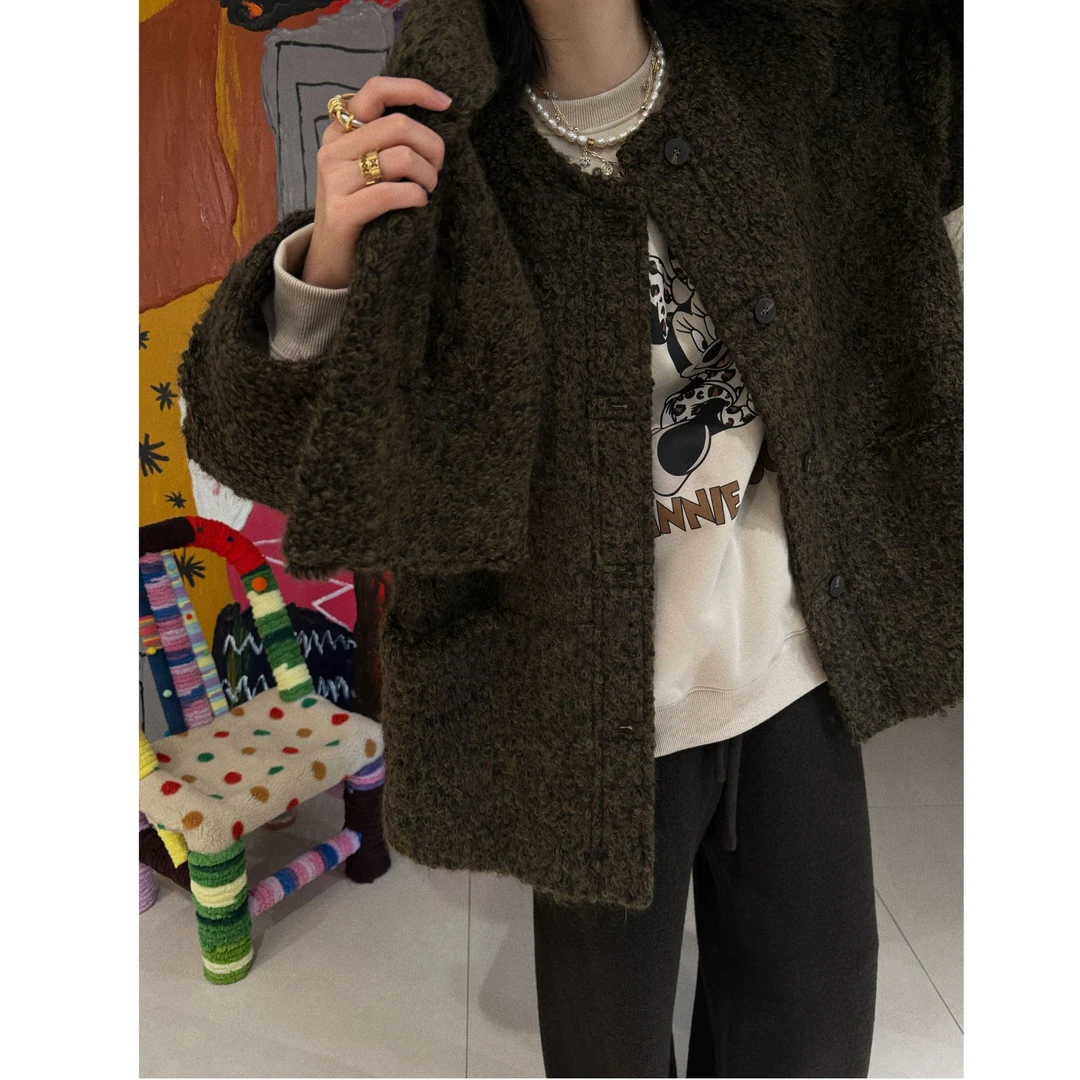 羊毛绿色混色围巾大衣 J24W525