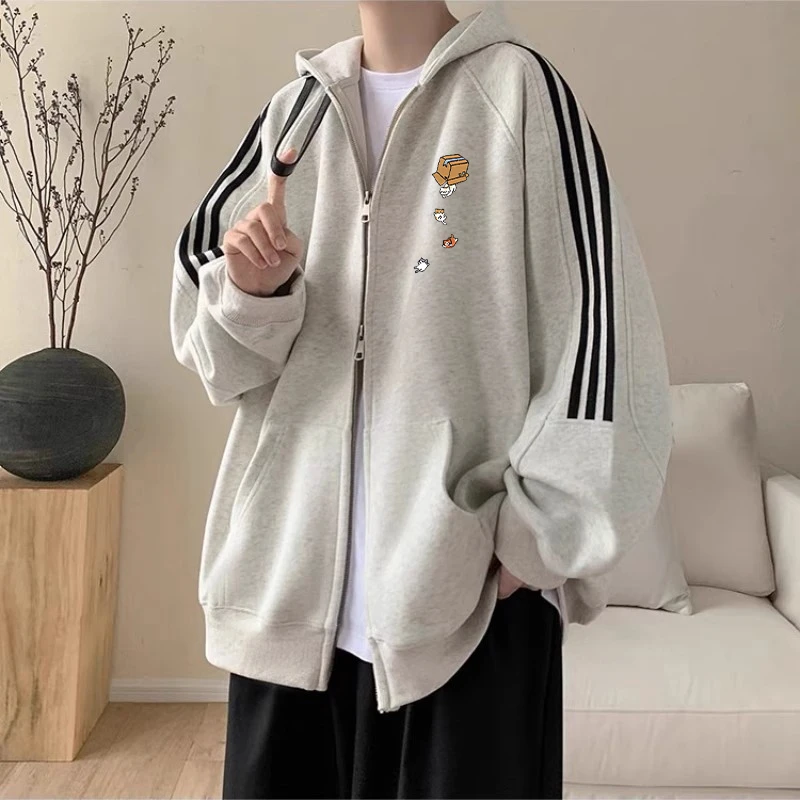 美式2-300斤加大码三条杠开衫卫衣早秋男女复古休闲卡通连帽外套
