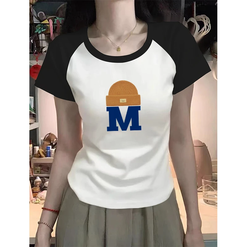 新款正肩圆领修身显瘦短袖t恤夏季小众减龄字母印花女装上衣