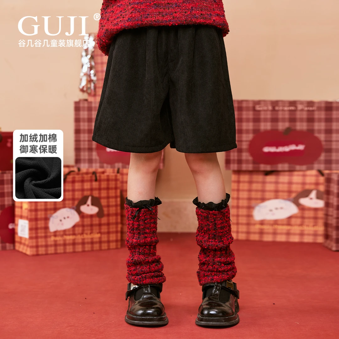 女童纯色短裤冬季外穿儿童黑色呢子裤2025新款女大童秋冬款加厚裤