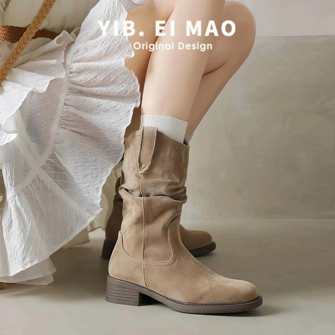 美拉德短靴女2025新款复古马丁靴西部牛仔靴小个子内增高堆堆靴子