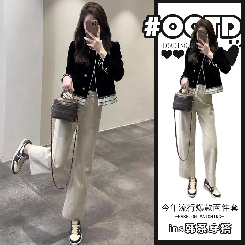 欧货时尚流行炸街两件套女小香风短款气质修身外套高腰显瘦休闲裤