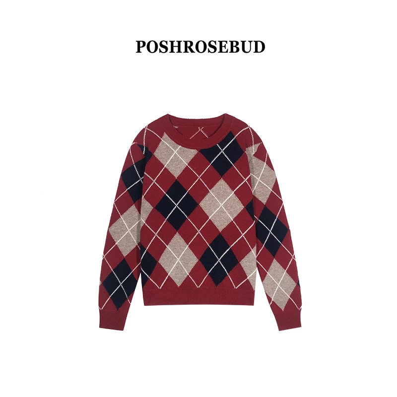 【POSHROSEBUD】时尚秋冬厚款菱形格套头毛衣RJ5114