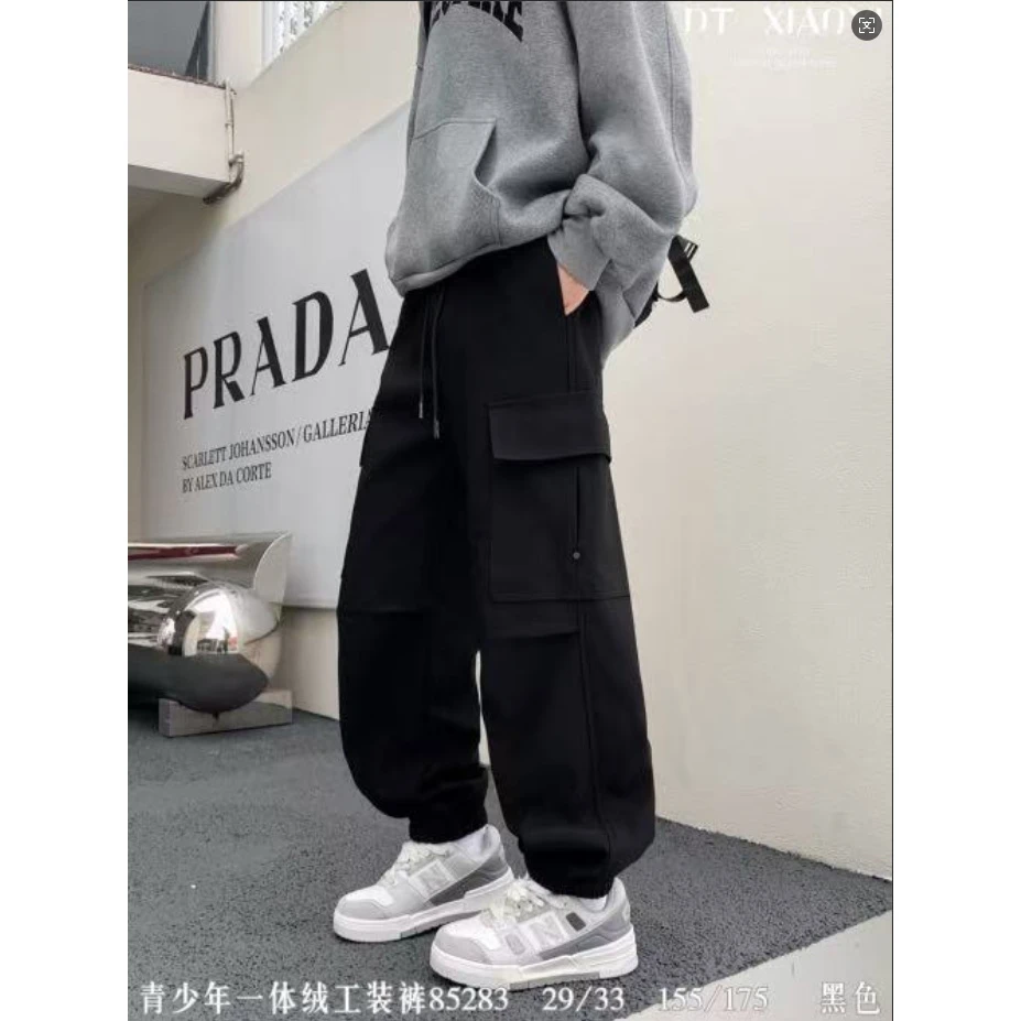 【85283-黑色】青少年秋冬款加绒工装裤