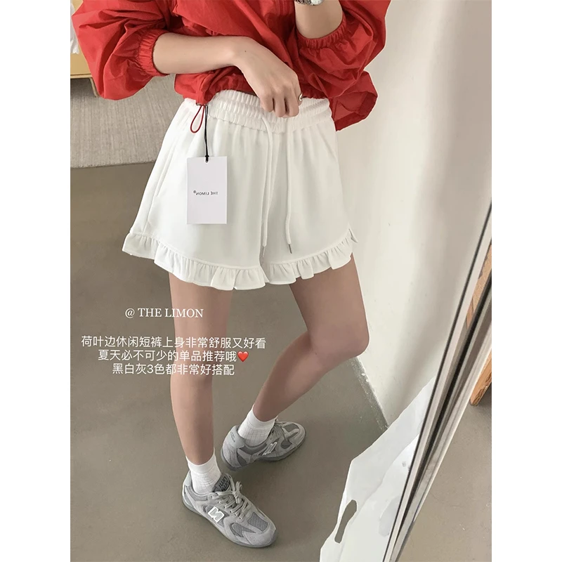 大码微胖妹妹休闲短裤女高腰显瘦木耳荷叶边直筒裤百搭阔腿裤