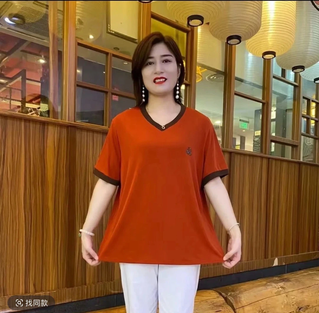 夏季新款加大加肥时尚纯色拼接鸡心领宽松遮肚减龄中长衫