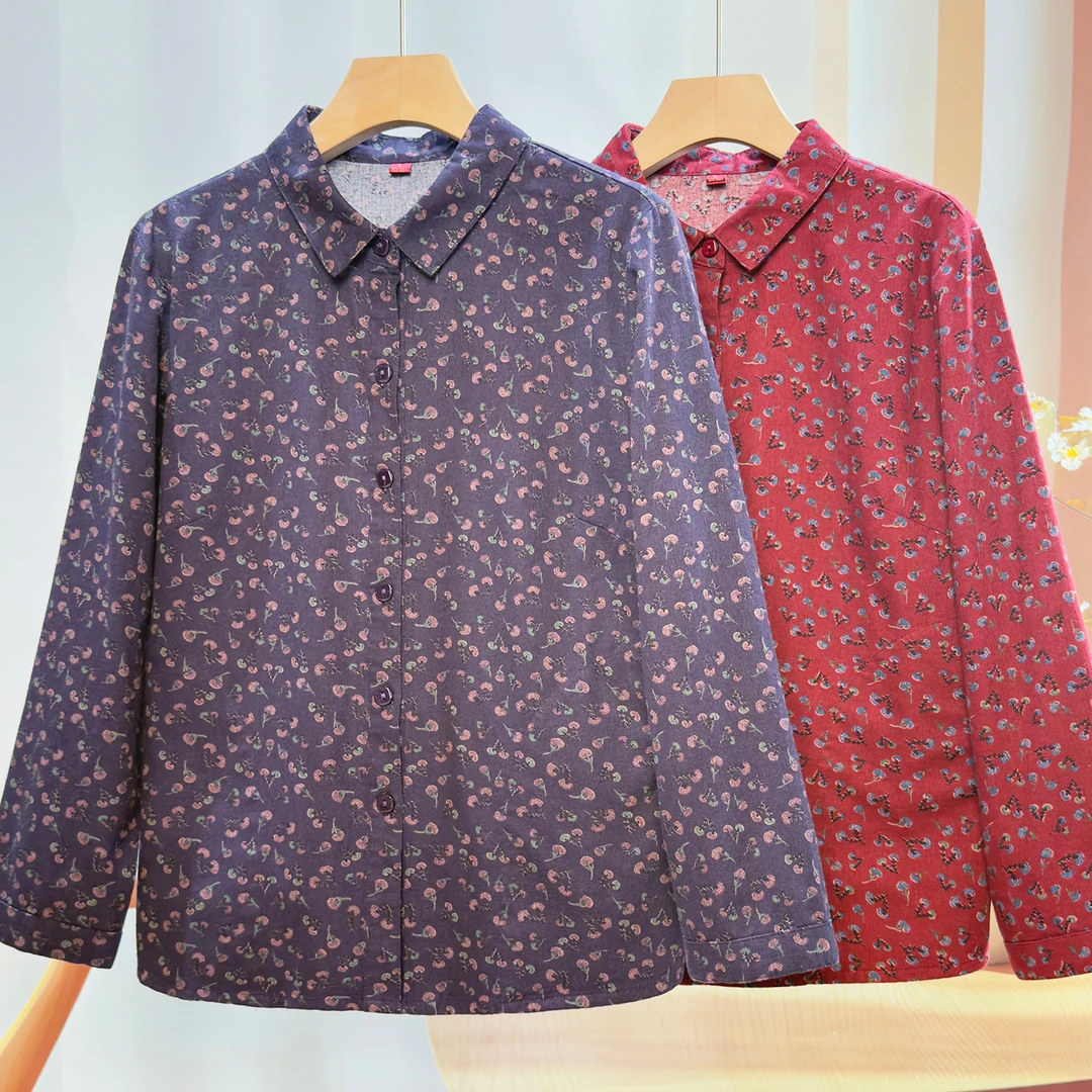 奶奶秋装纯棉衬衫长袖老年人妈妈春秋天全棉宽松衬衣薄外套衣服